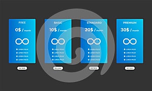 Interface for the site. UI UX vector banner for web app. Pricing Table Template with Three Plan Type. Pricing table, banner