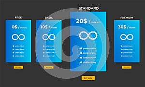 Interface for the site. UI UX vector banner for web app. Pricing Table Template with Three Plan Type. Pricing table, banner