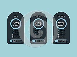 Interface for the site. UI UX vector banner for web app. Pricing Table Template with Three Plan Type. Pricing table, banner
