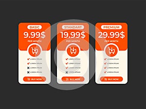 Interface for the site. UI UX vector banner for web app. Pricing Table Template with Three Plan Type. Pricing table, banner