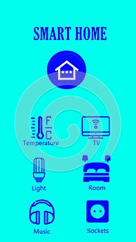 Interface of a smart house smartphone app, control panel, security system, controlling light and temperature.