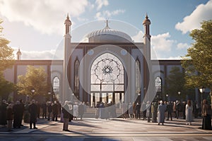 Interfaith event outside a mosque emphasizing. Generative ai