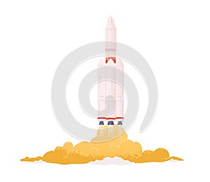 Intergalactic rocket launch. Spaceship takeoff with fire flames from engine. Spacecraft taking off. Concept of start up photo