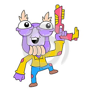 Intergalactic security guard monster brings gunfire, doodle icon image kawaii