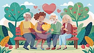 Intergenerational Affection: Two Couples Sharing Love on Park Bench