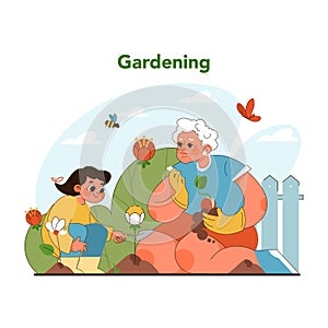 Intergenerational gardening. Flat vector illustration
