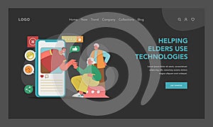 Intergenerational tech tutorial concept. Vector