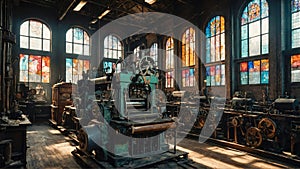 Interior of 1800s factory with stained glass windows