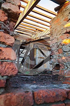 Interior of abandoned administrative building. Interior ruins of industrial factory.