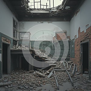 Interior of abandoned building, haunting ruins of once active structure