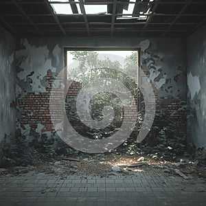 Interior of abandoned building, haunting ruins of once active structure