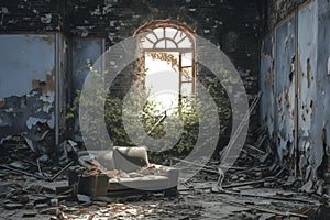 Interior of abandoned building, haunting ruins of once active structure