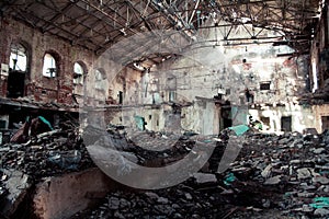 Interior of abandoned and destroyed sugar factory in Ramon