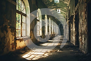 Interior of an abandoned factory building with sunlight coming through the windows, Old empty corridor. Vintage abandoned building