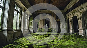 Interior of Abandoned luxury mansion completely covered with moss