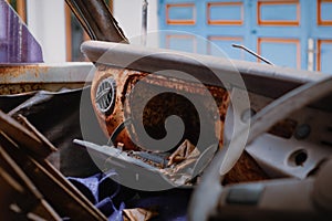 Interior of abandoned and rusty old van
