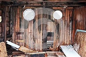 Interior of an abandoned wreckage wooden boat