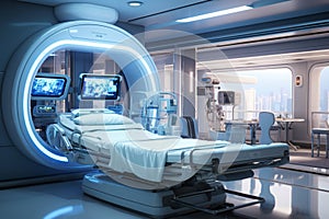 Interior of advanced clinics reanimation room, designed for urgent life-saving interventions photo