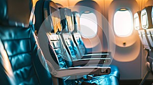 The interior of an aircraft with rows of empty seats near a window, Ai Generated