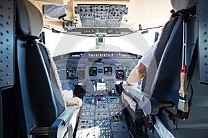 Interior of airplane cockpit.