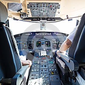 Interior of airplane cockpit.