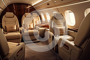Interior of the airplane. Interior of the plane with leather seats, nterior of luxurious private jet with leather seats, AI photo