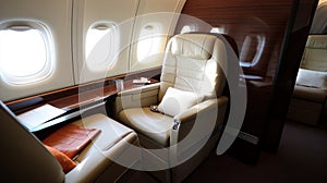 Interior of airplane with seats and leather seats in a row. Flying in first class. Business flights. Private plane. Commercial fli