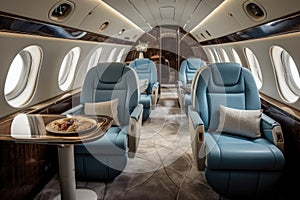 Interior of airplane with seats and seats for passengers, nobody inside, nterior of luxurious private jet with leather seats, AI