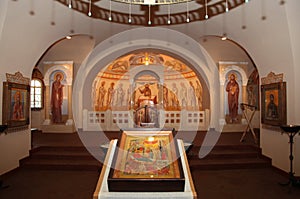 Interior, altar, icons, frescoes, baptismal font, in the old russian traditional orthodox church