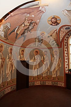 Interior, altar, icons, frescoes, baptismal font, in the old russian traditional orthodox church