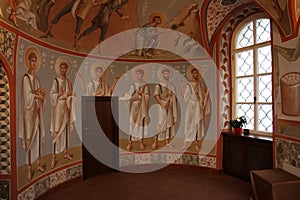 Interior, altar, icons, frescoes, baptismal font, in the old russian traditional orthodox church