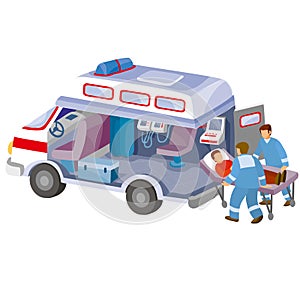 Interior of an ambulance together with paramedics pick up a patient on a stretcher, cartoon illustration, isolated object on white