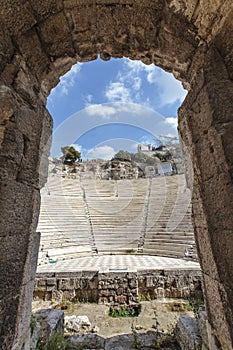 Interior of the ancient Greek theater Odeon of Herodes Atticus in Athens, Greece