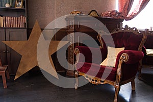 Interior with antique red furniture.