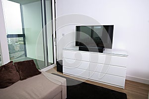 Interior of apartment with flat screen television