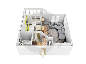 Interior apartment roofless apartment layout 3d render without shadow