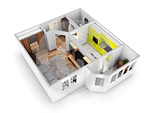 Interior apartment roofless perspective view apartment layout 3d render