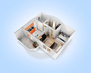 Interior apartment roofless perspective view apartment layout on blue gradient background 3d render
