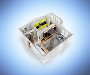 Interior apartment roofless perspective view apartment layout on blue gradient background 3d render