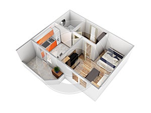 Interior apartment roofless perspective view apartment layout 3d render without shadow