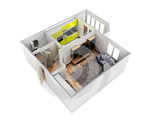 Interior apartment roofless perspective view apartment layout 3d render without shadow