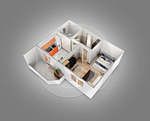 Interior apartment roofless perspective view apartment layout on grey gradient background 3d render