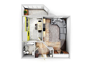 Interior apartment roofless top view apartment layout 3d render