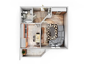 Interior apartment roofless top view apartment layout 3d render