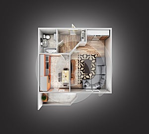 Interior apartment roofless top view apartment layout on grey gradient background 3d render