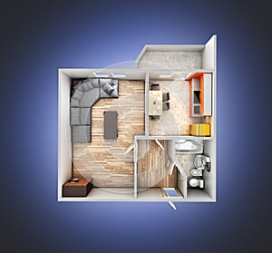Interior apartment roofless top view apartment layout on blue gradient background 3d render