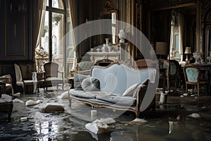 The interior of the apartment was destroyed by the flood. Disaster, rains, storm, catastrophe