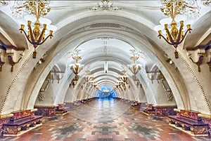 Interior of Arbatskaya subway station in Moscow, Russia