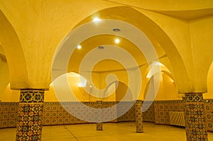 Interior arches and mosaic tile work of hammam turkish bath in H