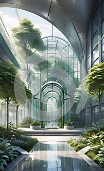 Interior architectural concept, entrance to a train station, airport, office center, modern Scandinavian luxury glass and metal